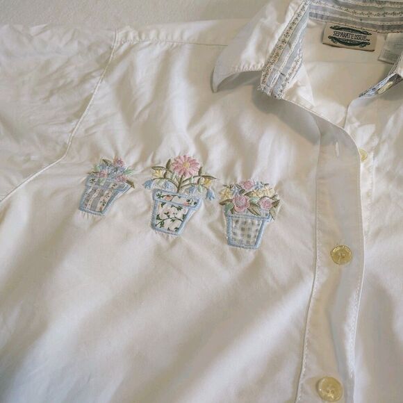 Vtg Flower Pot Shirt Womens Floral Embroidered Pastel Cottagecore Size Small - Picture 3 of 8
